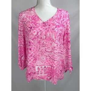 Lilly Pulitzer Pamela Blouse SMALL Pink Slit Tie Long Sleeve Palm Tree V-Neck